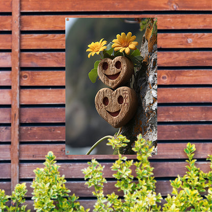 Twee houten harten met gele bloemen tuinposter