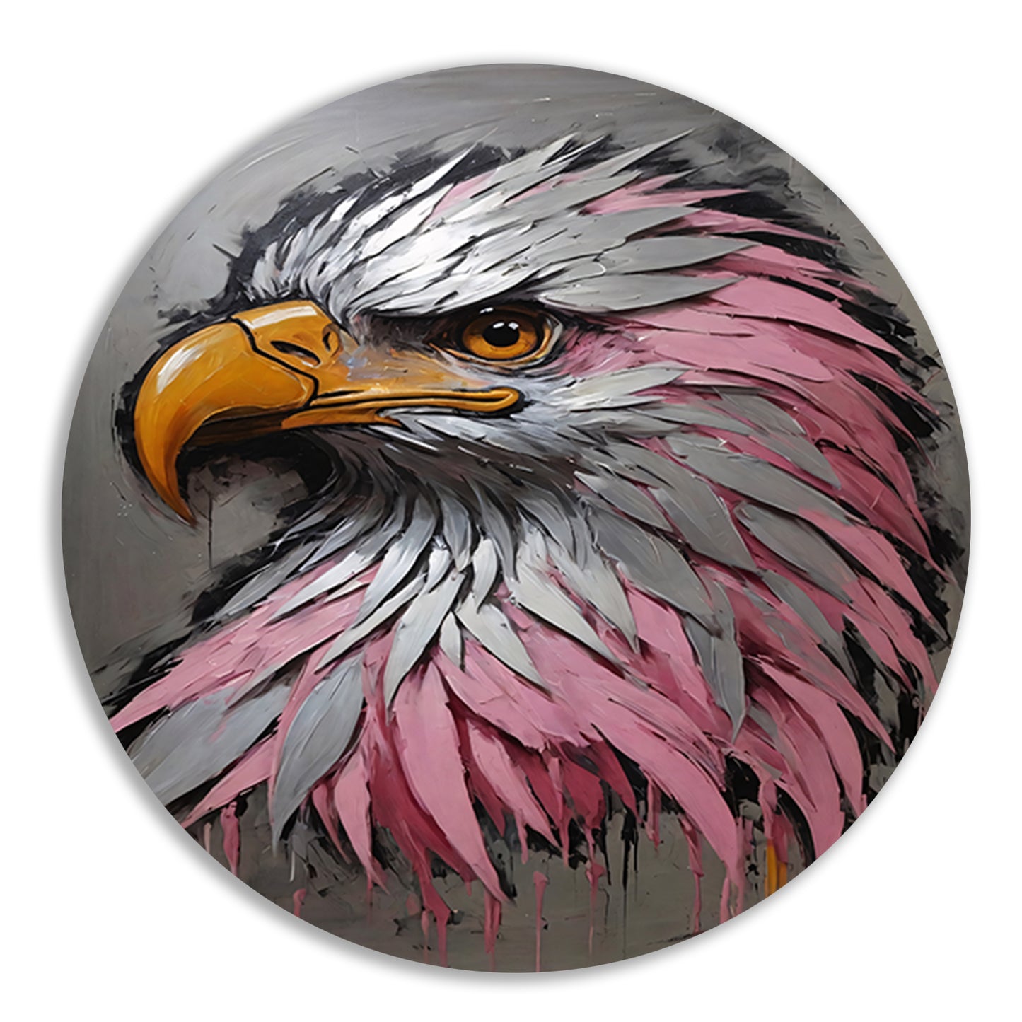 Abstract zilver en roze adelaarskop olieverfschilderij aluminium muurcirkel