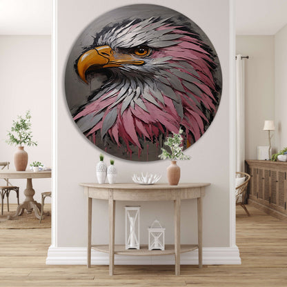 Abstract zilver en roze adelaarskop olieverfschilderij aluminium muurcirkel