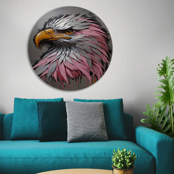 Abstract zilver en roze adelaarskop olieverfschilderij aluminium muurcirkel