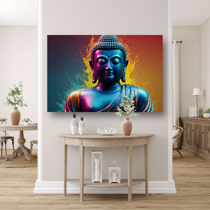Meditatieve Boeddha in Kleurenspektakel canvas met baklijst