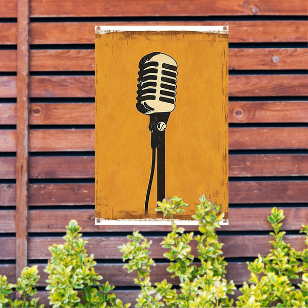 Vintage Microfoon in Art Deco Stijl op Gele Achtergrond tuinposter