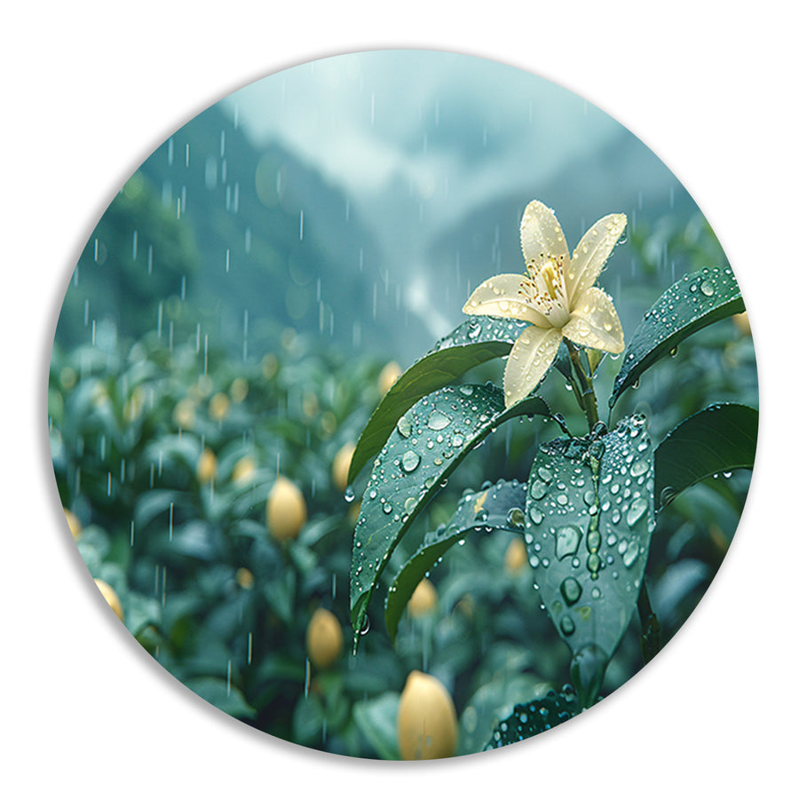 Gele narcis op groene stengel aluminium muurcirkel