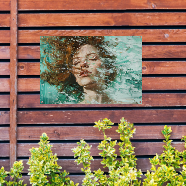 Dynamisch abstract portret in turquoise en bruin tuinposter