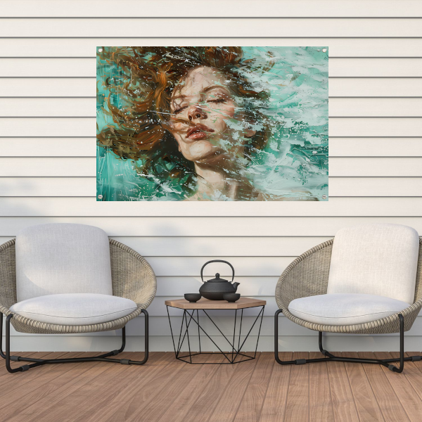 Dynamisch abstract portret in turquoise en bruin tuinposter