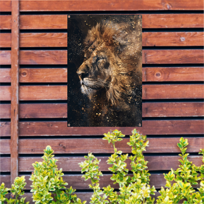 Mystiek leeuw portret met verfspetters tuinposter