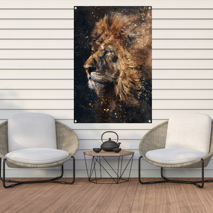 Mystiek leeuw portret met verfspetters tuinposter