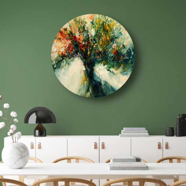 Expressief Abstract Boomlandschap in Levendige Kleuren aluminium muurcirkel
