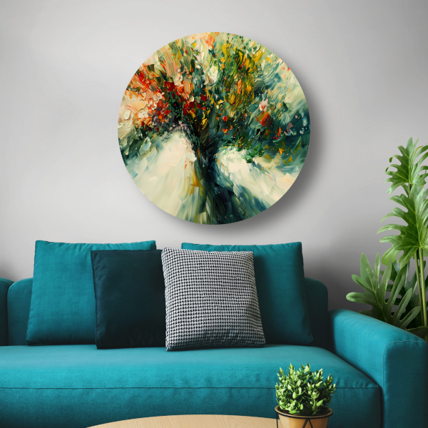 Expressief Abstract Boomlandschap in Levendige Kleuren aluminium muurcirkel