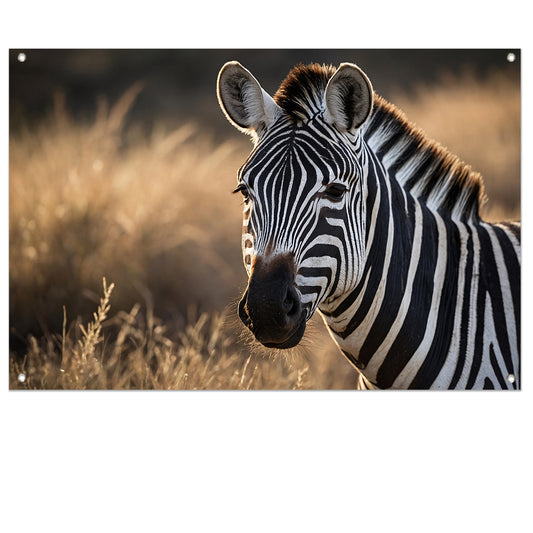 Zebra bij zonsondergang in het wild tuinposter