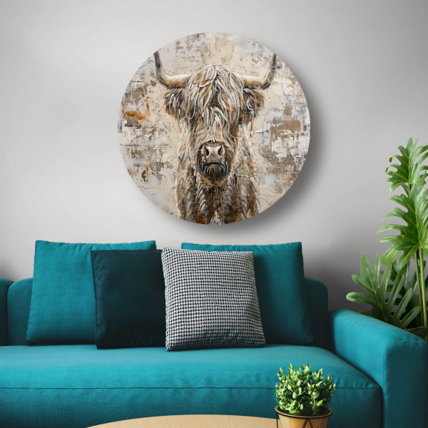 Monochrome Schotse Hooglander met Verf aluminium muurcirkel