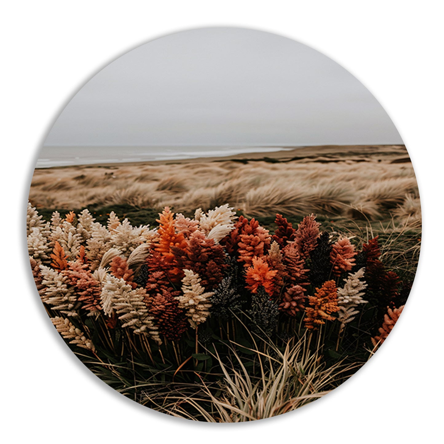 Kleurrijke bloemen aan zee aluminium muurcirkel