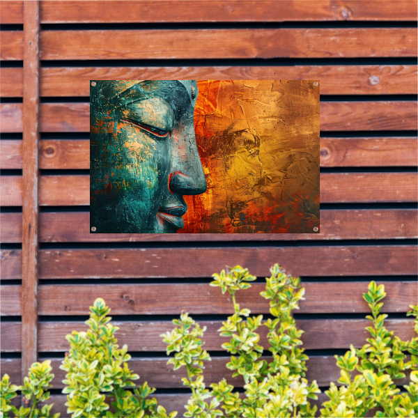 Mystieke Boeddha kunst met kleurrijke texturen tuinposter
