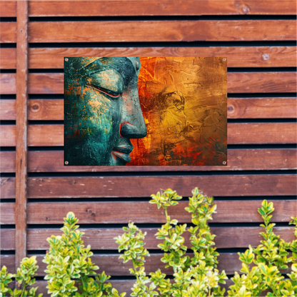 Mystieke Boeddha kunst met kleurrijke texturen tuinposter