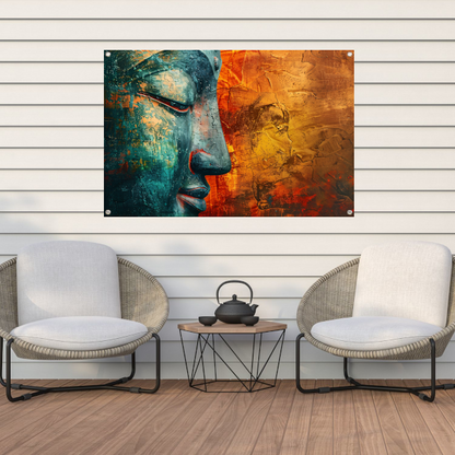 Mystieke Boeddha kunst met kleurrijke texturen tuinposter