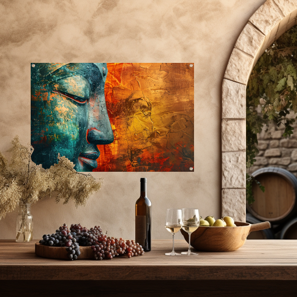 Mystieke Boeddha kunst met kleurrijke texturen tuinposter