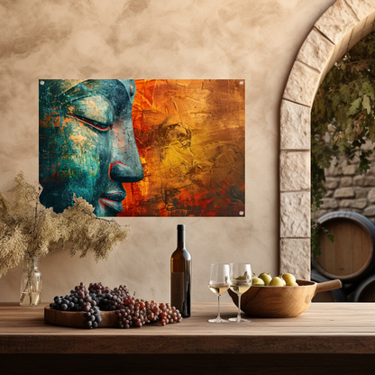 Mystieke Boeddha kunst met kleurrijke texturen tuinposter