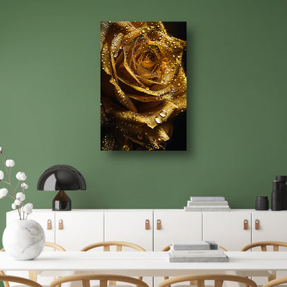 Gouden roos met fonkelende waterdruppels close-up poster