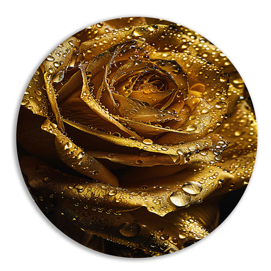 Gouden roos met fonkelende waterdruppels close-up aluminium muurcirkel