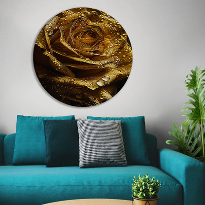 Gouden roos met fonkelende waterdruppels close-up aluminium muurcirkel