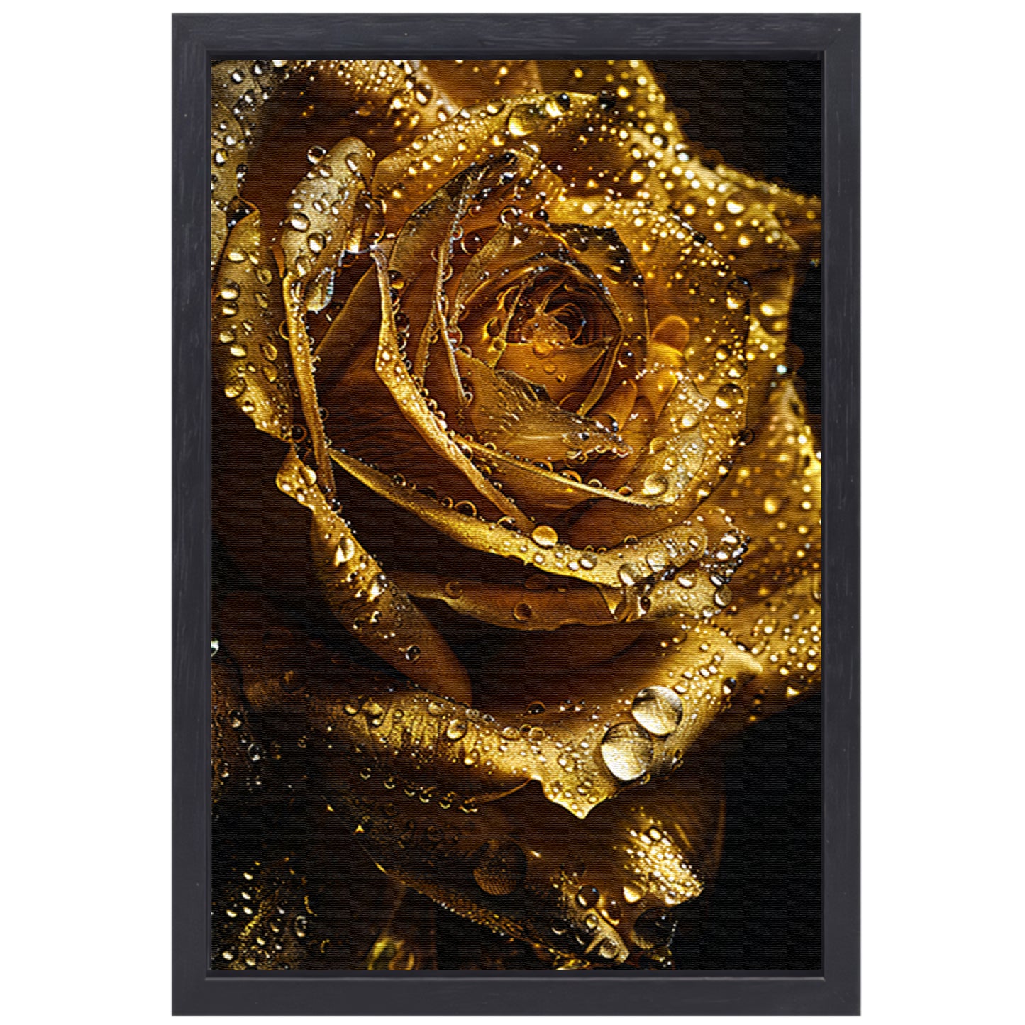 Gouden roos met fonkelende waterdruppels close-up canvas met baklijst
