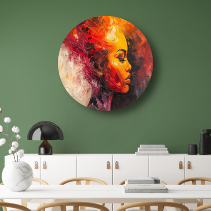 Vurige abstracte impressie van een vrouw aluminium muurcirkel