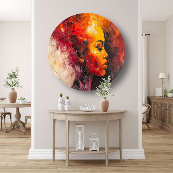 Vurige abstracte impressie van een vrouw aluminium muurcirkel