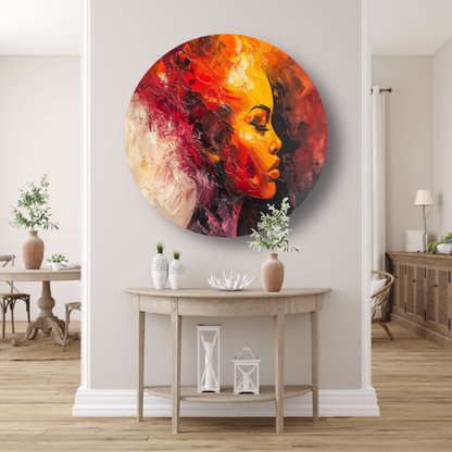 Vurige abstracte impressie van een vrouw aluminium muurcirkel