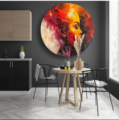 Vurige abstracte impressie van een vrouw aluminium muurcirkel