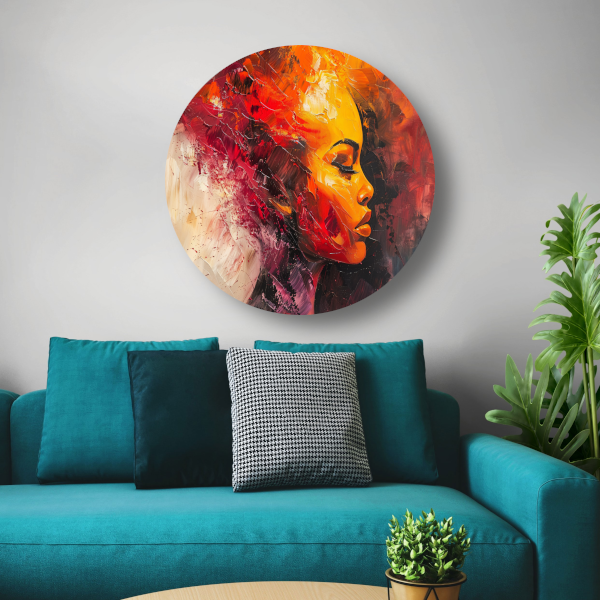 Vurige abstracte impressie van een vrouw aluminium muurcirkel