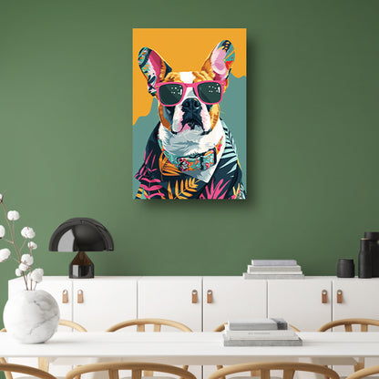 Franse Bulldog met Zonnebril en Hawaïhemd canvas met baklijst