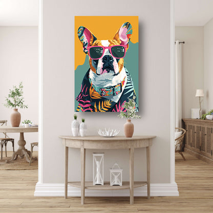 Franse Bulldog met Zonnebril en Hawaïhemd canvas met baklijst
