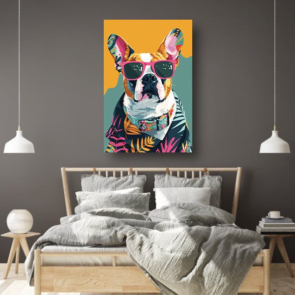 Franse Bulldog met Zonnebril en Hawaïhemd canvas met baklijst