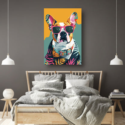 Franse Bulldog met Zonnebril en Hawaïhemd canvas met baklijst