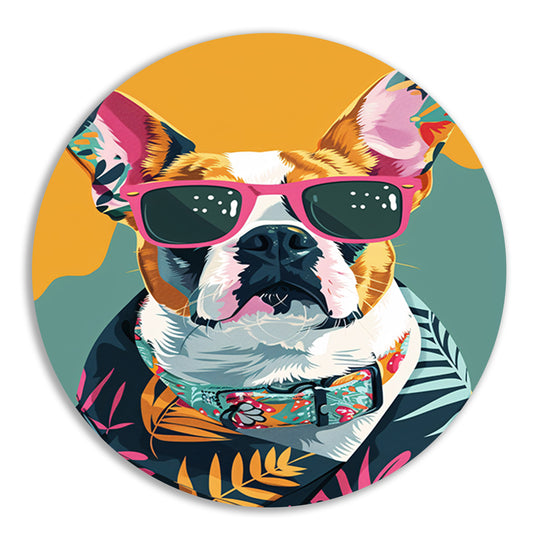 Franse Bulldog met Zonnebril en Hawaïhemd aluminium muurcirkel