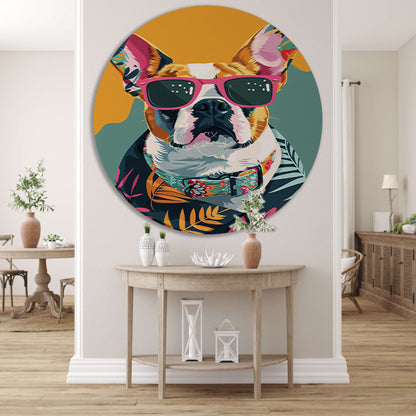Franse Bulldog met Zonnebril en Hawaïhemd aluminium muurcirkel