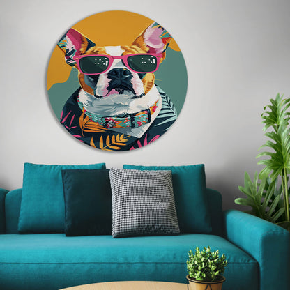 Franse Bulldog met Zonnebril en Hawaïhemd aluminium muurcirkel