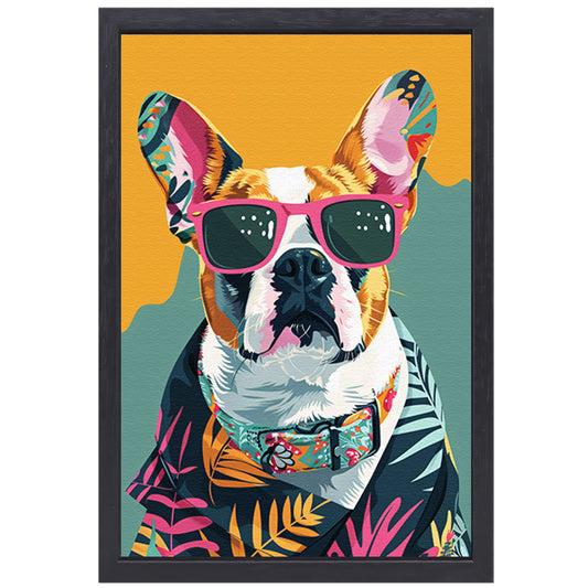 Franse Bulldog met Zonnebril en Hawaïhemd canvas met baklijst
