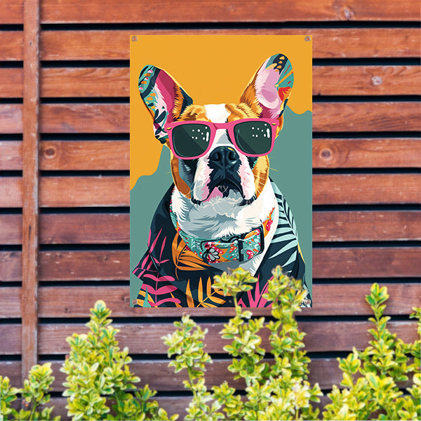 Franse Bulldog met Zonnebril en Hawaïhemd tuinposter