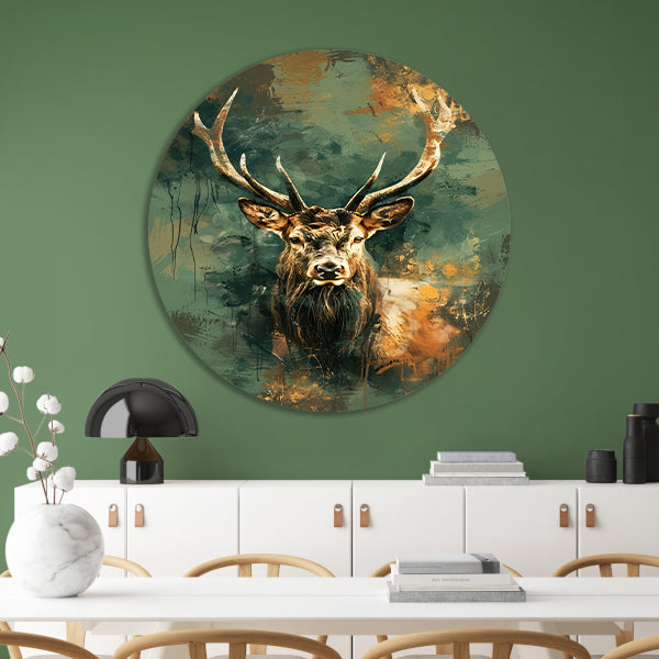 Abstracte schilderij van hert met kleuren aluminium muurcirkel