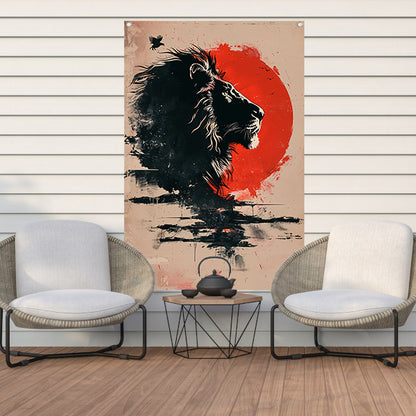 Silhouet van een trotse leeuw bij zonsondergang tuinposter