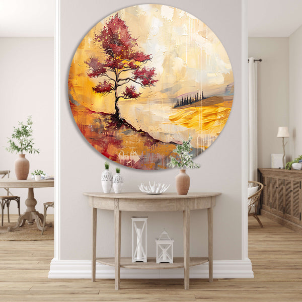 Surrealistische kleurrijke boom in zomers landschap aluminium muurcirkel