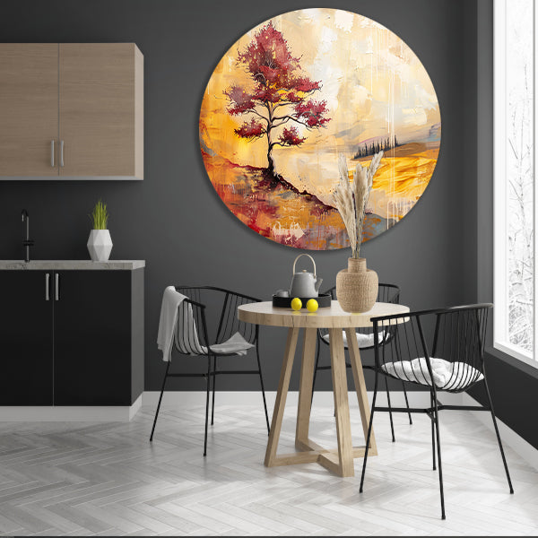 Surrealistische kleurrijke boom in zomers landschap aluminium muurcirkel