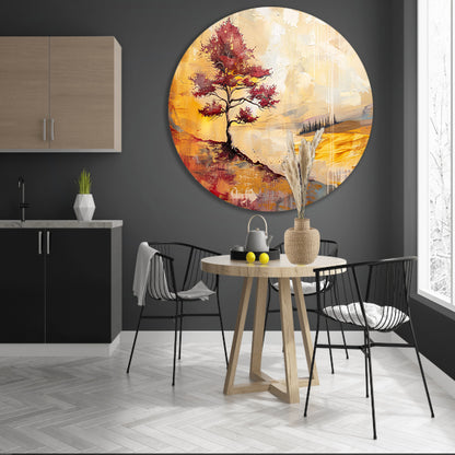 Surrealistische kleurrijke boom in zomers landschap aluminium muurcirkel