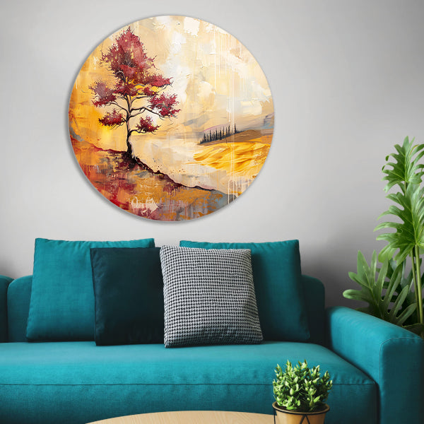 Surrealistische kleurrijke boom in zomers landschap aluminium muurcirkel