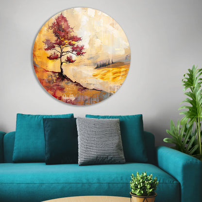 Surrealistische kleurrijke boom in zomers landschap aluminium muurcirkel
