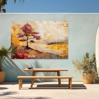 Surrealistische kleurrijke boom in zomers landschap tuinposter