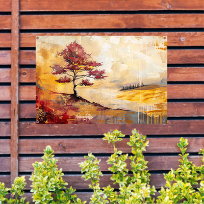 Surrealistische kleurrijke boom in zomers landschap tuinposter