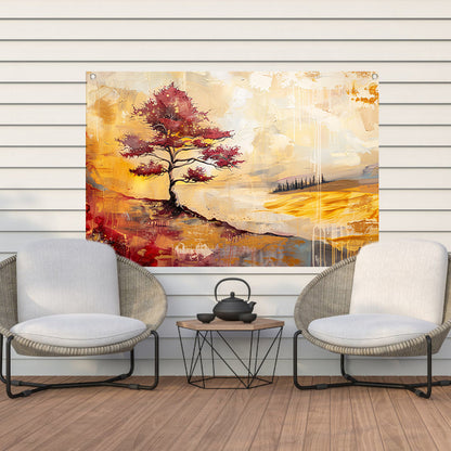Surrealistische kleurrijke boom in zomers landschap tuinposter