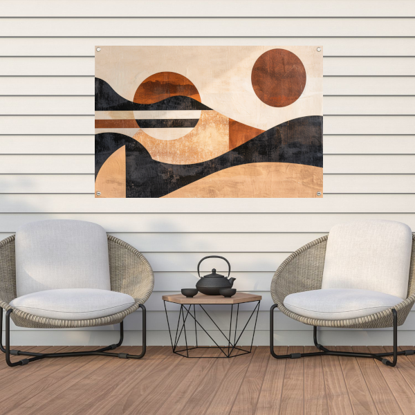 Zonsondergang in abstracte geolandscapes tuinposter